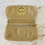 Tory Burch Solid Tan Leather Clutch Bag Purse Large Logo Photo 4