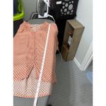 DR2 Peach Orange Geometric Print Ruffle Neck Button Front Blouse Top Size M Brown Size M Photo 8