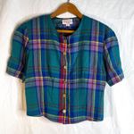 Doncaster Green Plaid Vintage Cropped Short Sleeve Gold Button Shirt Size 8 Photo 6