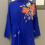 Free People  Mock Neck Pullover Royal Blue Floral Drop Shoulder Top- Small Photo 0