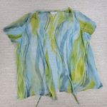Maggy London Silk Top Womens 16 Blue Green Watercolor Tie Front Blouse Light Photo 3