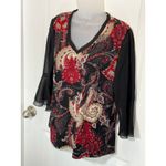 Susan Graver Womens Black Paisley Print V Neck 3/4 Sleeve Top Medium Blouse Work Photo 4