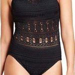 Aqua Green Crochet High Neck Black One Piece Swimsuit Medium Photo 0