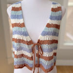 Ultra Flirt  Brown White Blue Striped Crochet Cropped Tie Front Sleeveless Top XL Photo 0