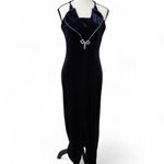 y2k vintage Navy Blue Velvet Rhinestone Bow Formal Prom Maxi Dress‎ M/L Size L Photo 3