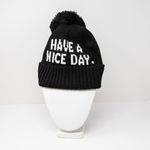 Kate Spade NEW Have A Nice Day Graphic Print Beanie Pom Pom Hat Black White Photo 0