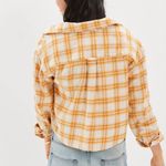American Eagle  Cropped Flannel Plaid Button Down Long Sleeve Cotton Yellow Cream Photo 1