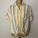 Madewell Linen Short-Sleeve Tie-Front Shirt Size S Pineapple Stripe Button Down Photo 0