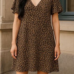 Dear Apple‎ Leopard Print Dress V Neck Short Sleeve Casual Tan Brown Size Large Photo 0
