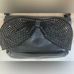 Black shoulder bag, large, studded front flap bow detail, embellished strap Photo 2