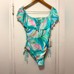 Tinibikini NWT  Swimwear Tie-Dye Ribbed One-Piece Swimsuit Ruffles Lace Up Large Photo 1