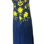 Riviera Sun Embroidered Denim Maxi Dress Sz S Festival Pom Poms Hanky Hem Boho Blue Photo 0