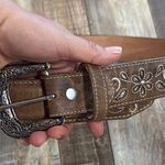 Brown Embroidered Leather Belt with Silver Buckle Photo 0