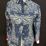 Tizzie Lizzie Blue Paisley button up red and white plaid cuffs fringe bottom Photo 0