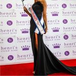 Size small black feather long strapless evening gown with slit Photo 1