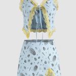 Cider Beachy Sky Blue Crop Tank and Skirt Set with Yellow Lace Y2k Medium Photo 0