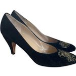 Salvatore Ferragamo Vintage 90s Ferragamo Black Suede Embroidered Gold Knot Round Toe Pump 8.5AA Photo 0