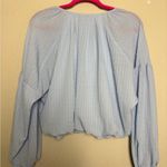 WAYF Pastel Blue Crepe Textured Long Blouson Sleeve Bubble Hem Cropped Blouse L Photo 5