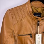 Springrain Camel Faux Leather Moto Jacket, Quilted Zip Pockets, Lined Medium Tan Photo 2