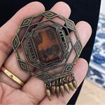 Rare Vintage Czech brass with big rhinestone brooch / pin Yellow Photo 3