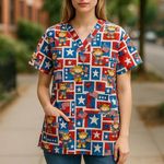 Peaches Uniform Womens Large Cat Patriotic Print Scrub Top Nurse Healthcare Red Photo 0