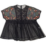 ZARA BASIC COLLECTION top M black sheer mesh embroidered babydoll shirt floral Photo 0