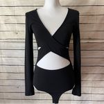 EXPRESS Black Wrap Long Sleeve Cut Out Bodysuit Size Small Photo 4