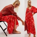 Free People Golden Hour Maxi Dress Cherry Red Small Bohemian Fall Floral 70s Photo 2