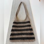Vintage Boho Black and Taupe Tan Striped Crochet Woven Shoulder Crossbody Bag Photo 3