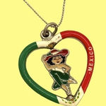 Vintage Mexican Flag colors heart necklace with articulating spinning dancer Green Photo 0