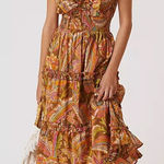 Love The Label Dress Tiered Ruffle Cotton Topanga Maxi Dress Coral‎ Print Size M Brown Size M Photo 0
