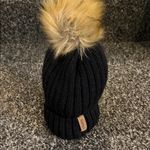 FURTALK Women's Black Knit Beanie with Tan Pom Pom Photo 3