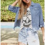 BLANK NYC  Jacket Denim Striped Cropped XS Raw Hem Light Wash Fitted Classic Chic Photo 2