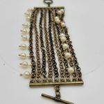 VTG Pinned Pearl Cuff Bracelet 8" Gold Tone White Beads Wide Toggle Closure Photo 4