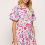 Fate Women Frances Floral Pleated Skirt Dress Sz L Puff Sleeve Colorful Feminine Pink Size L Photo 0