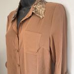 Mine Brown Button Down Shirt with Sequin Collar glittery Tan Photo 2