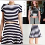 Lucy Paris Viscose Soft Striped Knitwear Crop Top & Flare Skirt Set Navy White S Photo 1