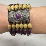 Vintage Purple Yellow Wood & Glass Beaded Stretch Bracelet Silver Tone Metal Photo 0