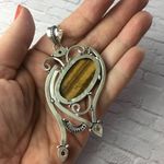 Tigers Eye Gemstone Silver Large Statement Pendant Silver Photo 5