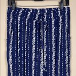Angie  Women’s Boho Floral Print Navy Blue White Drawstring Pull On Pants Photo 1