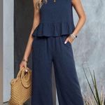 Elegant Blue Pants with Ruffled Peplum Top 2 Piece Set Size L Photo 0