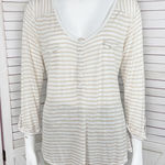 89th & Madison Striped Shirt V Neck Pocket Tee Roll Sleeve Beige White‎ Medium Tan Photo 0