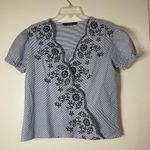 ZARA blue striped floral embroidered scallop hem vneck short sleeve shirt Small Photo 0