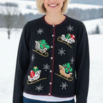 NWT Vintage Y2K Christmas Sweater Leopard Fur Sleighs Sequins/Pearls Size Large Black Photo 0