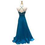 VTG Y2K Fairycore Dress Gown Sz 8 Riva Designs Blue Silk Beaded Halter Glam Photo 7
