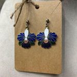 Vintage Cloisonné Flower Dangle Post Enamel Flower Orchid Hibiscus Blue Photo 0