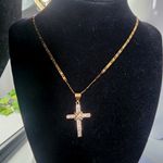 Cross Pendant with CZ Stones 20" Jesus Chain Gold Plated Steel New Photo 4