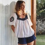 Cleobella  Navi ‎Hand Embroidered Floral Crochet Organic Cotton Blouse Top Photo 1