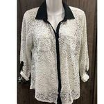 Ivory Ella Maurices Ivory Lace Overlay Button Front Career Blouse w/Black‎ Collar Size   M Photo 0