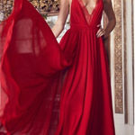 Michael Costello x Revolve Justin Gown Red Maxi Lace Slit Size Large Photo 0